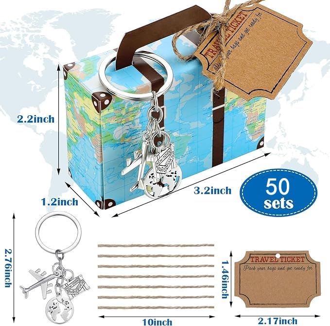Lot de 50 mini valises avec carte du monde - Avec porte-clés en forme d'avion, billet de voyage et ficelle de jute pour fête sur le thème du voyage, fête prénuptiale, décorations de mariage