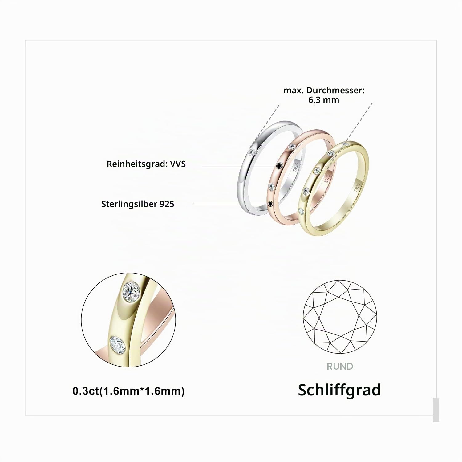 JewelryPalace 3 Ringe Zirkonia Silber 925 Ring Damen, Weißgold Rosegold Gelbgold Vergoldet Hochzeitsringe Trauringe Eheringe, Vorsteckring Bandring, Ringe Set, Frauen Schmuck mit Stein