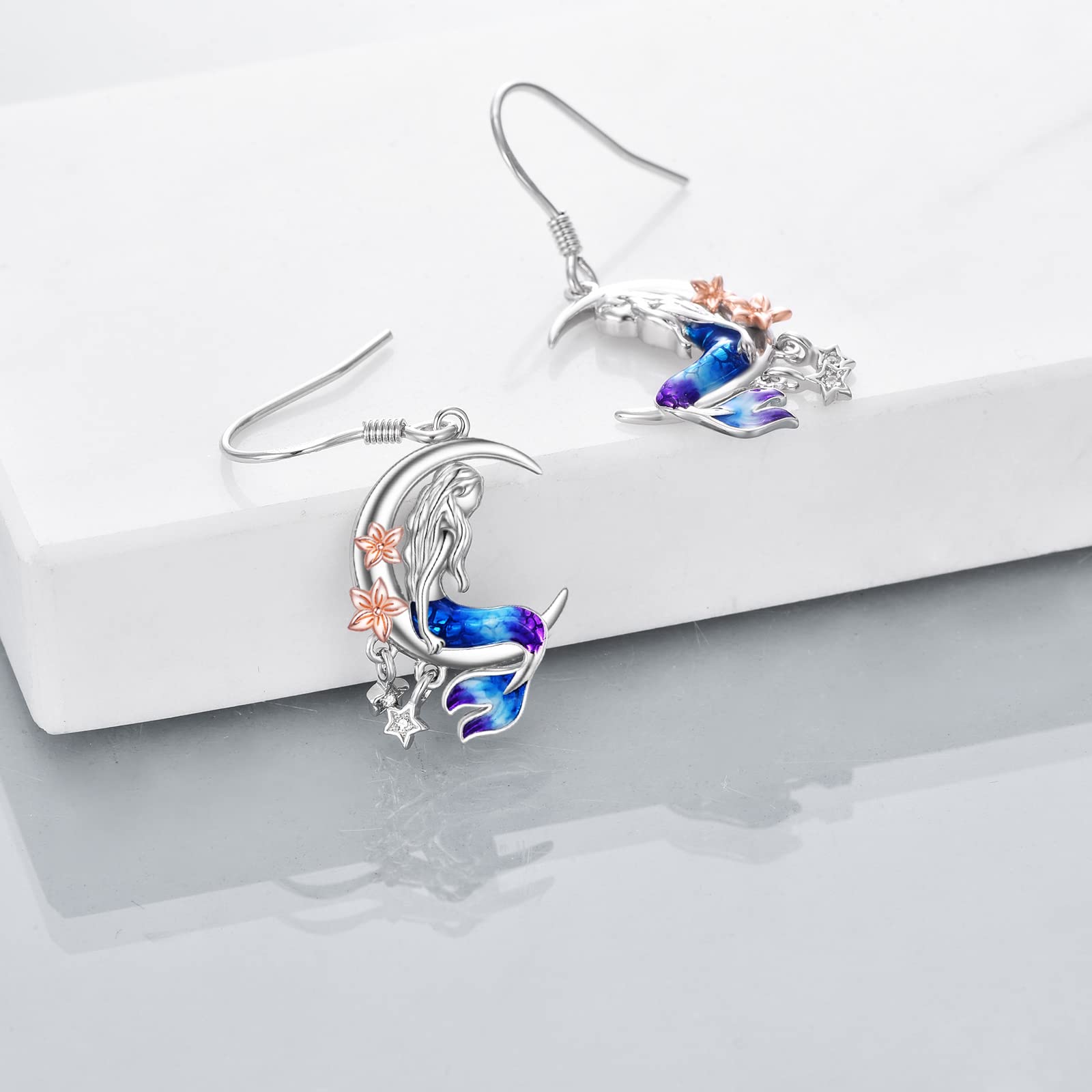 Orecchini a sirena Regali Orecchini a mezzaluna e stella con sirena di mare in argento sterling con fiori Regali di compleanno Gioielli per ragazze Figlia Signore