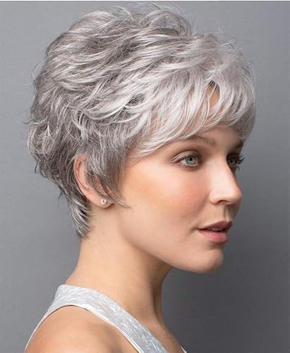 XIUFAXIRUSI XIUFAXIRUSI Pelucas cortas de corte pixie gris para mujeres blancas, pelo sintético gris resistente al calor, pelucas de repuesto