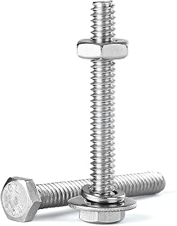 #10-24 x 1" Hex Head Bolts Screws, Nuts, Flat and Lock Washers Assortment Kit, 304 Stainless Steel(18-8), Bright Finish, Machine Fully Thread 20Sets