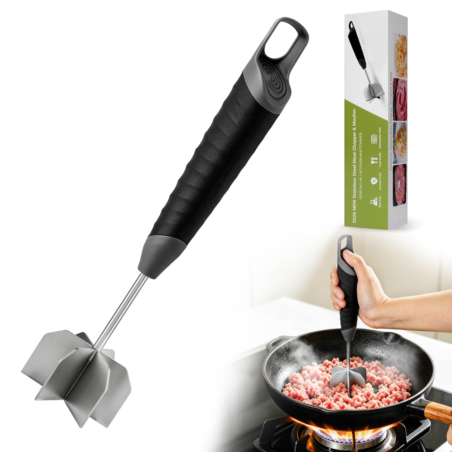 Meat Masher, 304 Stainless Steel Ground Beef Masher with Ergonomic Handle