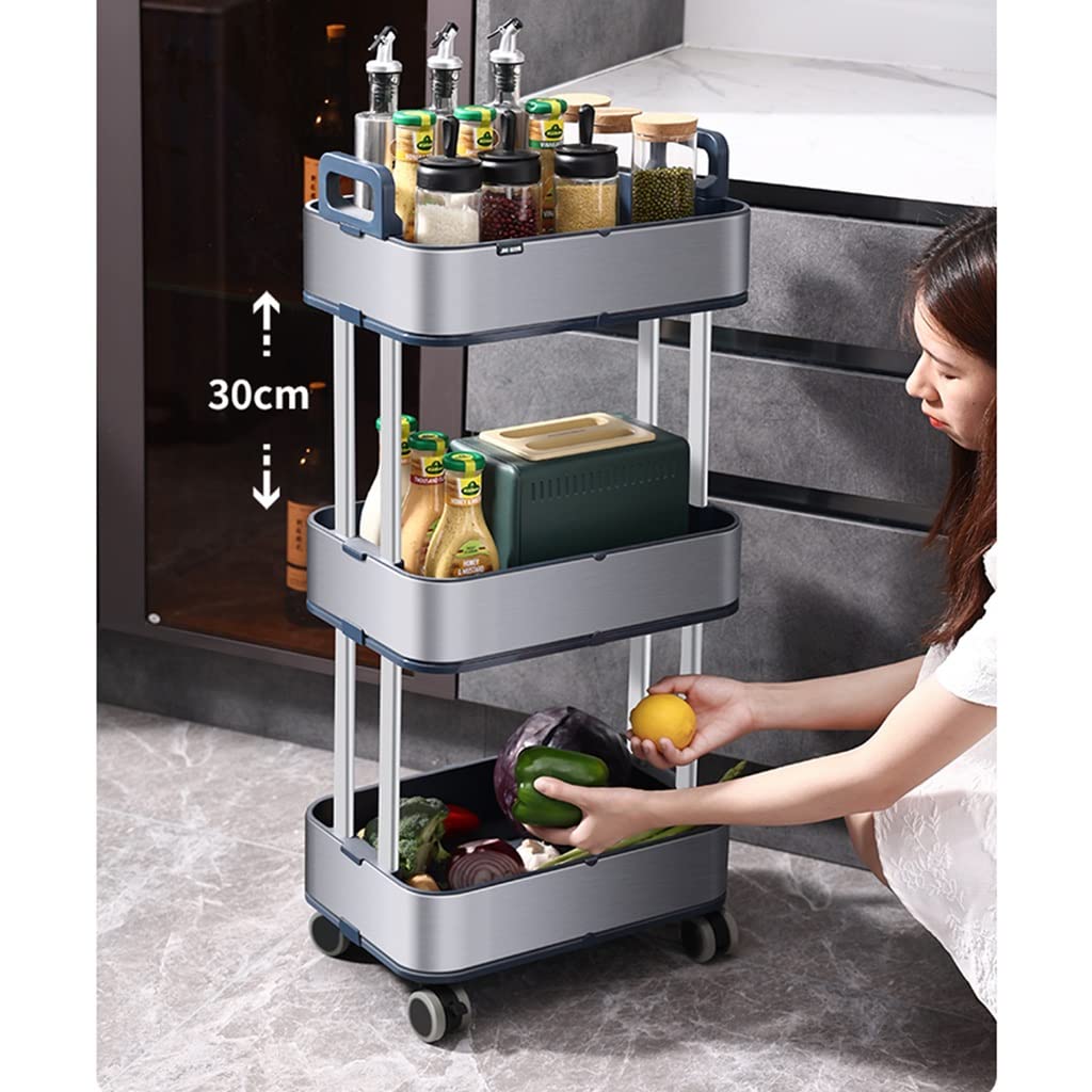 Carro utilitario de Acero Inoxidable de 3 Niveles con Ruedas de Bloqueo, Carrito de Cocina con Estante, estantería móvil, Organizador de Almacenamiento, Carrito utilitario de Metal para coci