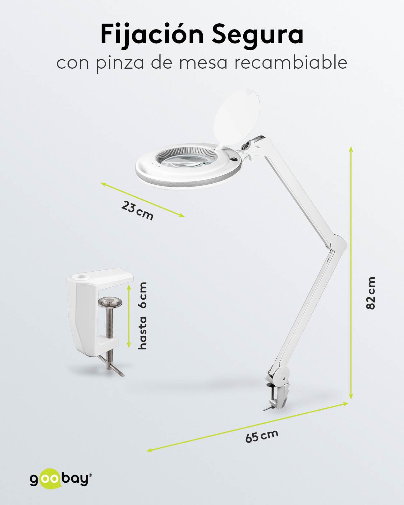 goobay 60362 Lámpara lupa LED con pinza / 9 W de consumo/lente de cristal de 127 mm/temperatura de color 6400 K / 1,75 aumentos/flujo luminoso 83-730 lumen/blanco