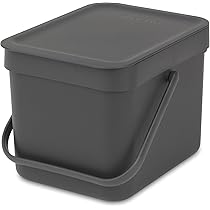 Brabantia Sort & Go Pattumiera 6L (Grey), Pattumiera cucina in plastica con maniglia, Secchio spazzatura salvaspazio con coperchio stay open rimovibile, Cestino umido facile da pulire