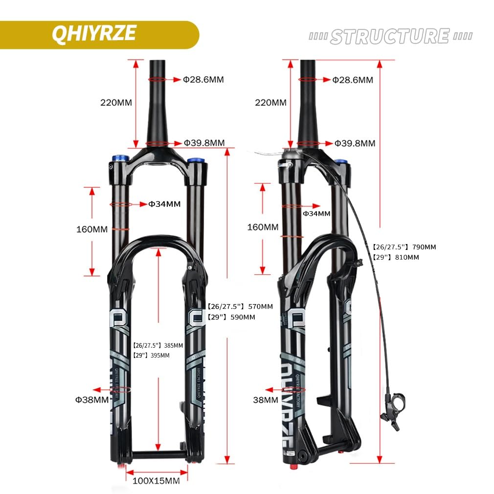 Horquilla de Bicicleta de montaña con suspensión neumática de 26/27,5/29", Recorrido de 160 mm, Eje pasante Delantero de 15x100 mm, Negra, Tubo de dirección cónico de 1-1/2", ajust