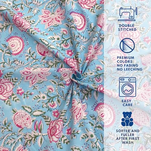 Image of TOAI Hand Block Printed Bedsheet | Bed Spread Flatsheet Bed Sheet | Pure Cotton | Queen Size 90 inchx108 inch | 210 TC Luxury Cotton | 2 Reversible Pillow Covers |Pink Florals on Blue
