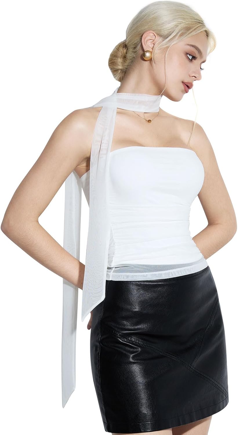 SUUKSESS Women Ruched Strapless Mesh Tube Top Y2k Sleeveless Bandeau Tank Tops with Scarf 2025 - Image 3