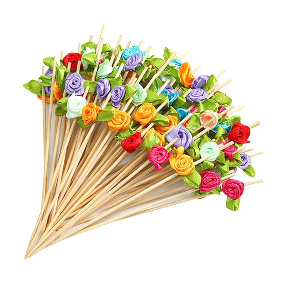 FSSTUD 100 Pcs 12 cm Rose Flower Cocktail Picks Flower Food Toothpicks Wedding Appetizer Skewers Fancy Charcuterie Picks Snack Skewer Sticks Decorative Fruit Sticks for Holiday Party Colored