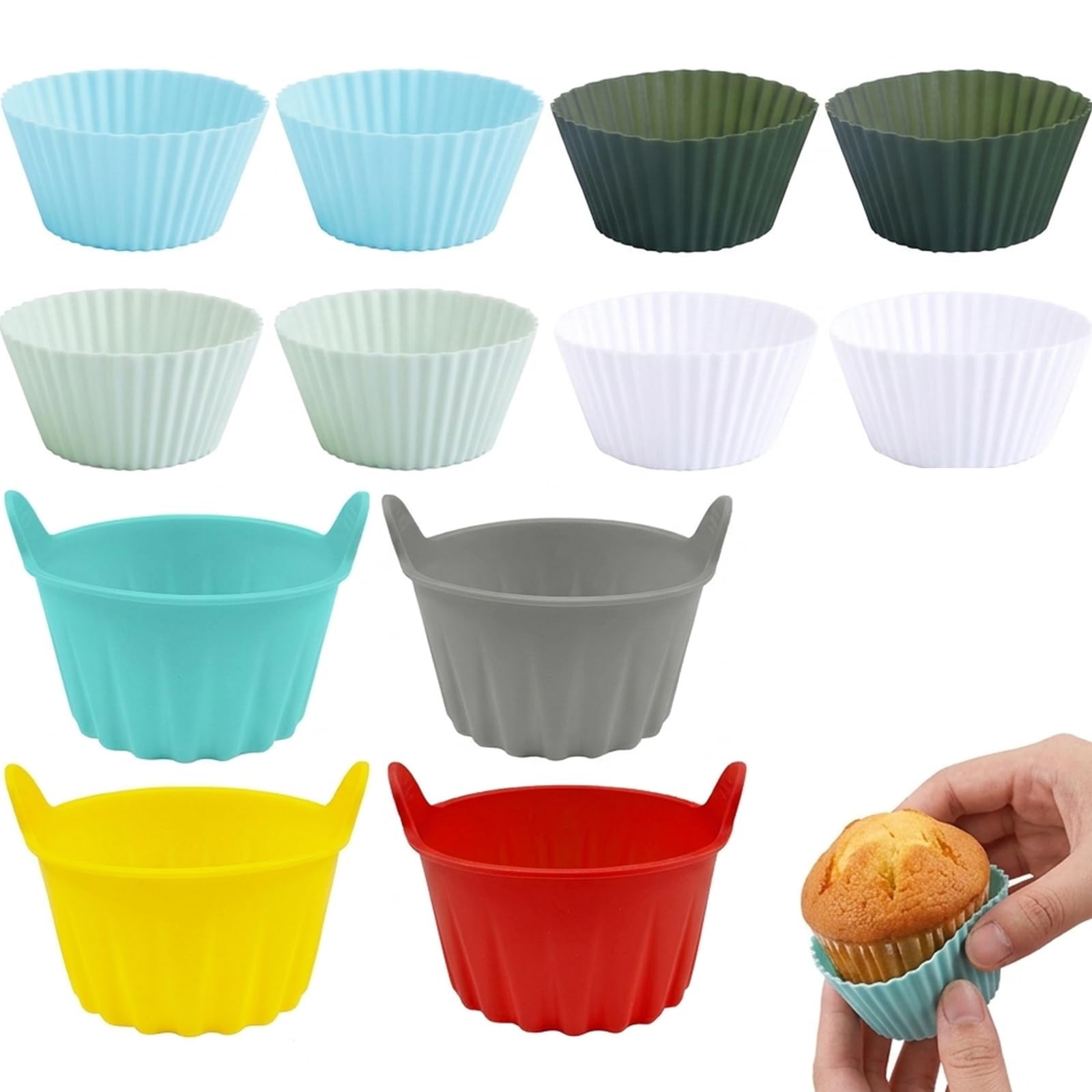 suction 12 PCS Silicone Cake Cases, Silicone Cupcake Cases, Baking Mould Set with 8 Colours and 4 Handled Cups, Reusable for Home Kitchen Use