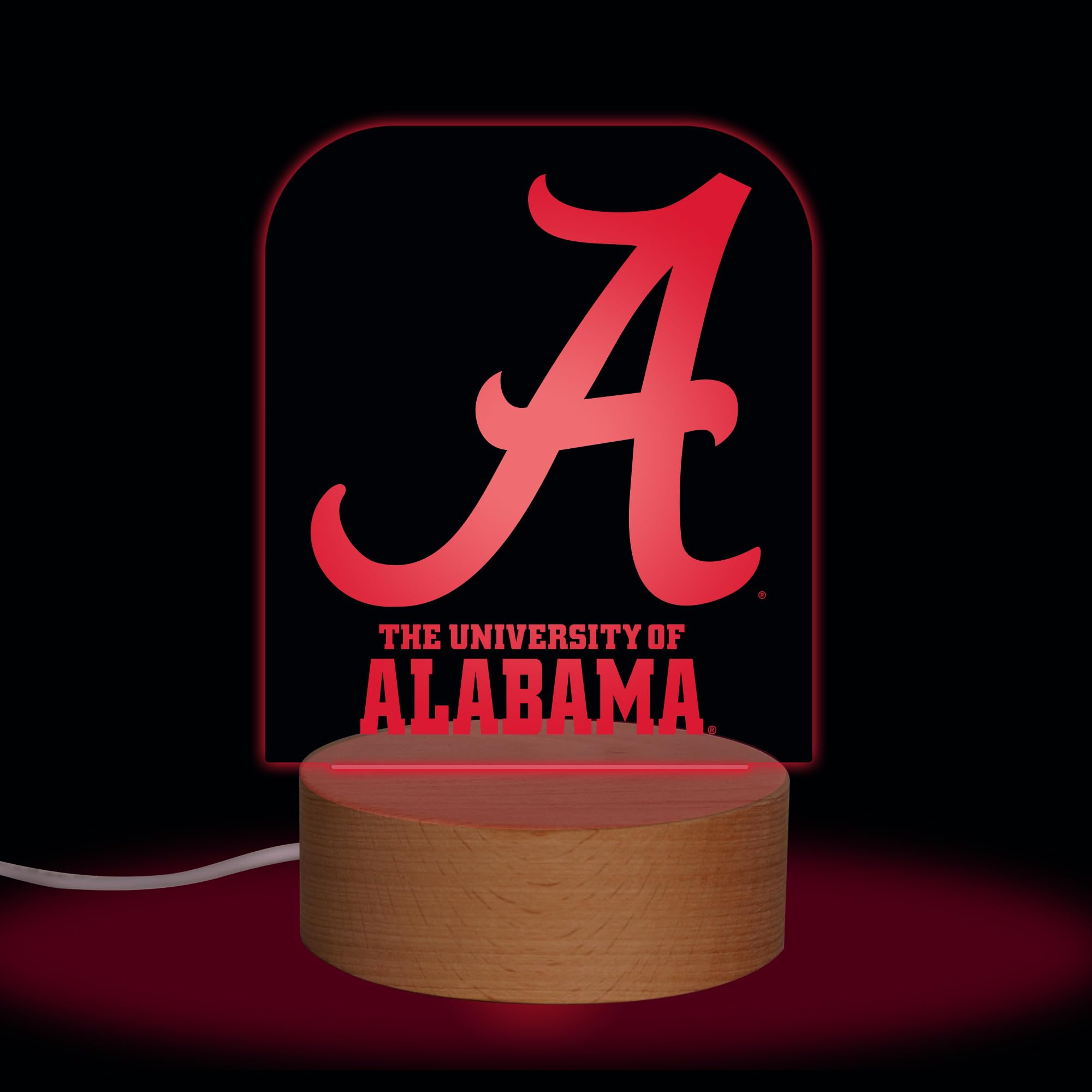 Rico Industries NCAA Alabama Crimson Tide Team Logo LED Desk Light Up Sign, 7 Color Changing LED Night Light, Wood Base with USB Cord Included, Ideal for Home and Desktop Decoration