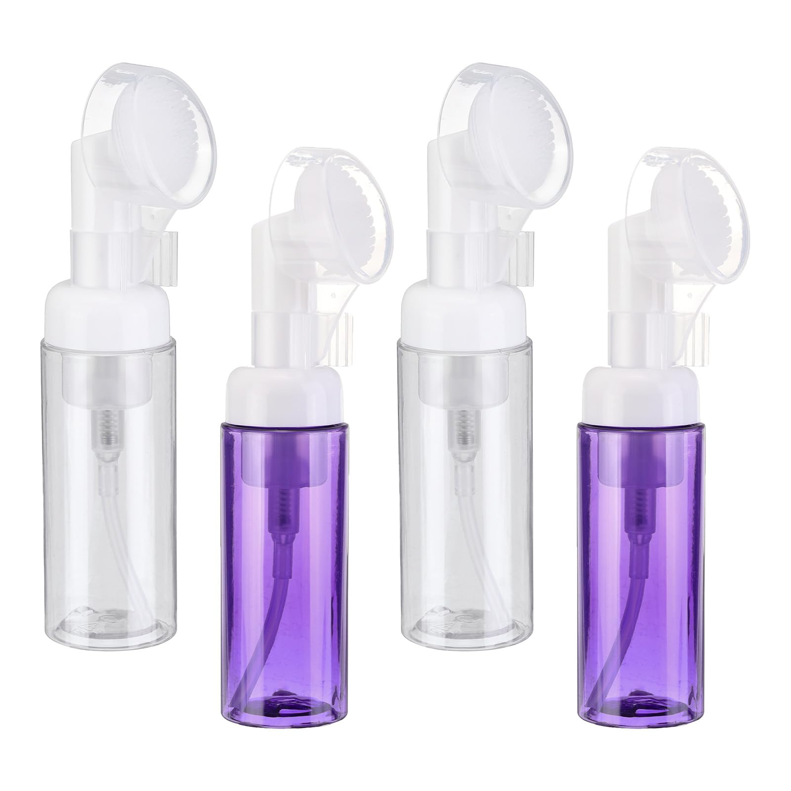 Dispensador de jabón espumoso aspiradora, 4 unidades, botella de espuma limpiador facial de 2 onzas / 60 ml con cepillo para polvo para jabón de manos, champú, gel de ducha, transparente/morado