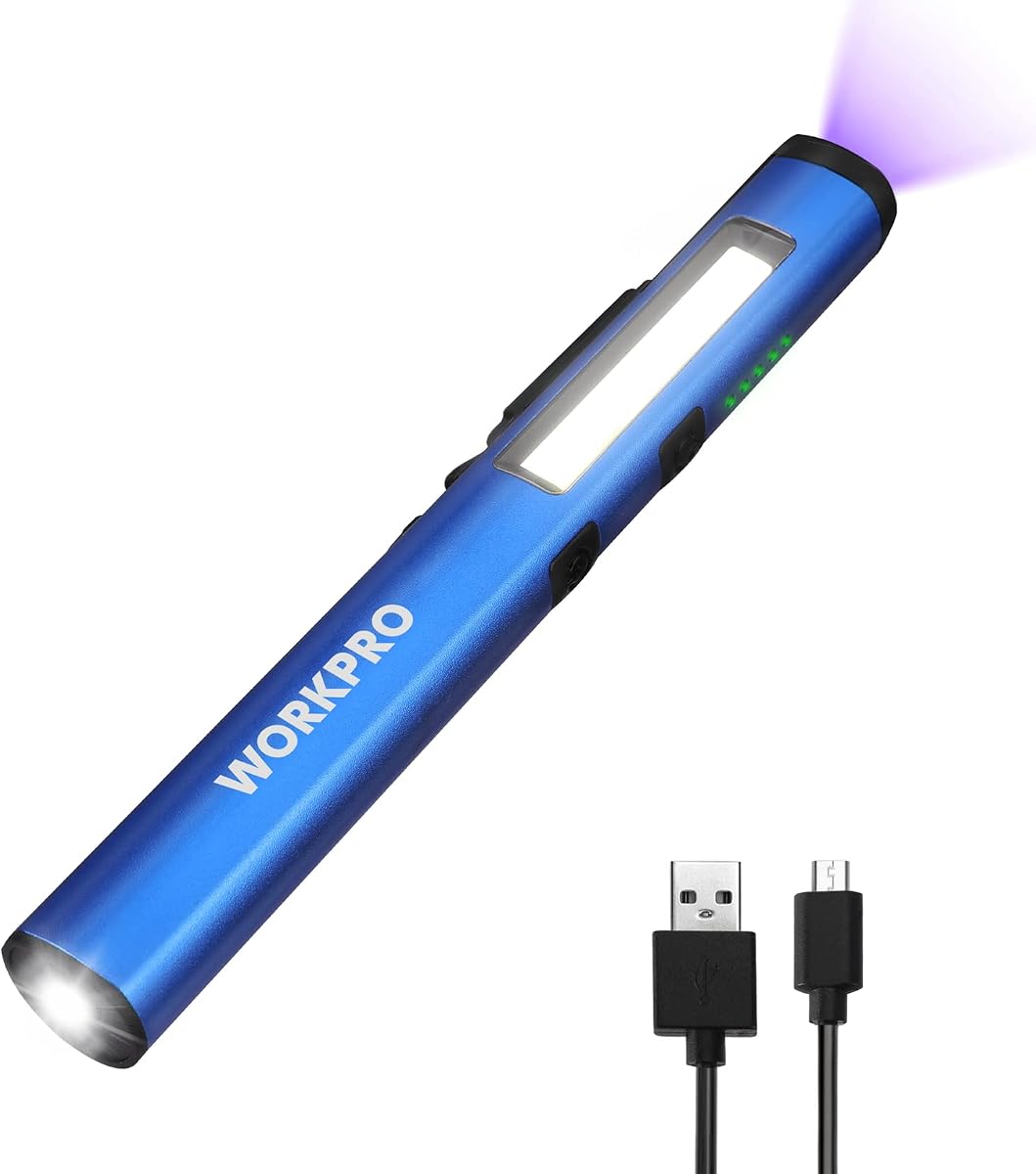 WORKPRO Rechargeable Pen Light, 450 Lumen LED Flashlight with UV Light | Pocket-Sized Design, Magnetic Clip Attachment, Easy Carrying, Emergency Inspection Use, Outdoor Task Lighting