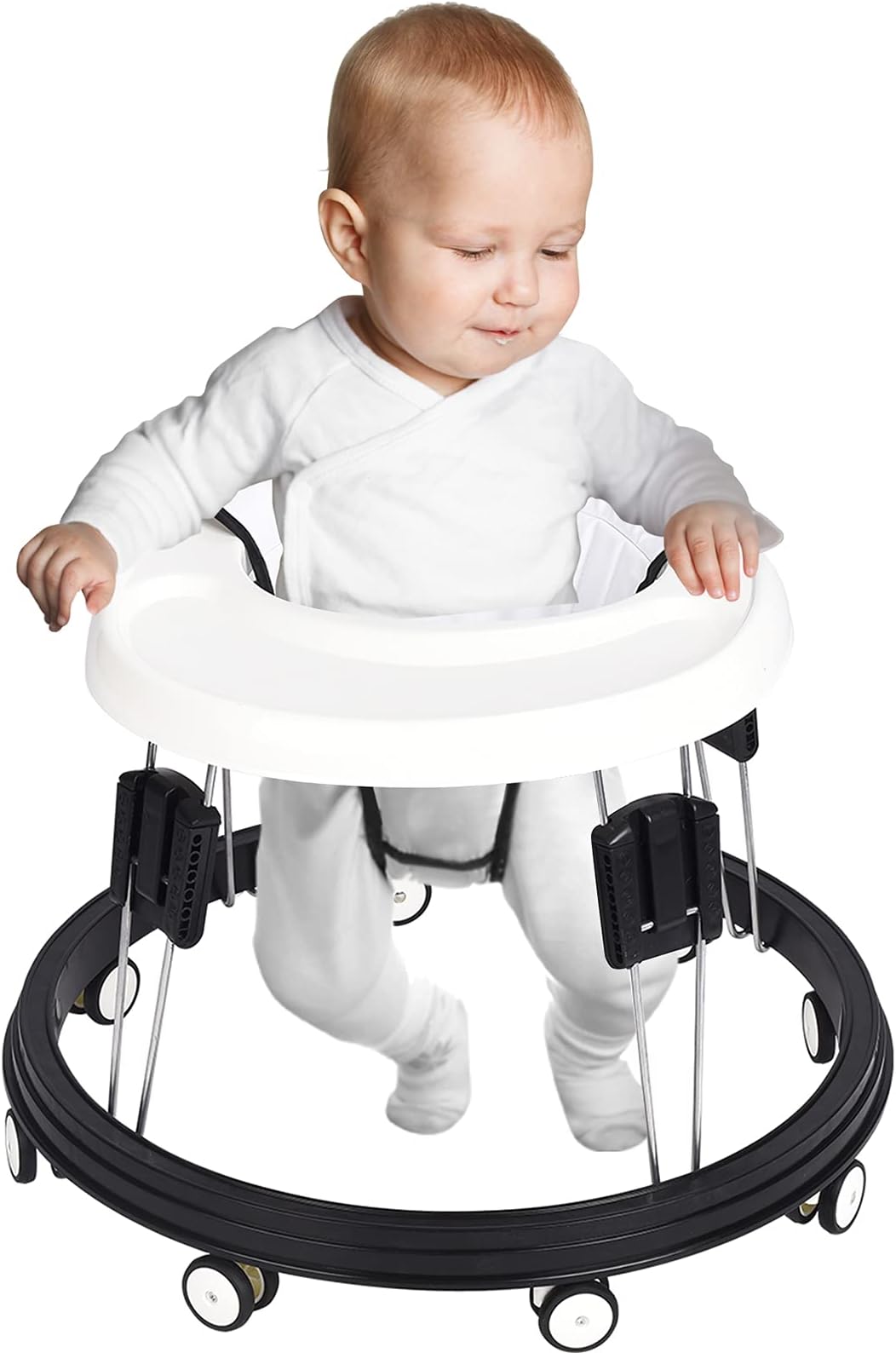 LANGYI Adjustable Baby Walkers for Baby with Easy Clean Tray, Universal Wheeled Walker, Anti-Rollover Folding Walker for Girls Boys 6-18Months Toddler, White, 1.0 Count