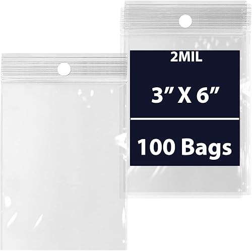 Miniatura 1 de Bolsas de polietileno con cierre resellable con agujero para colgar, 3 x 6 pulgadas y (100 bolsas) de plástico transparente de 2 mil con cierre