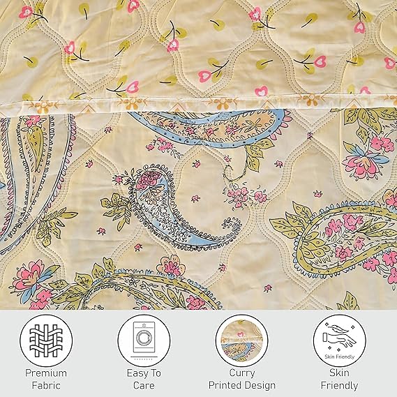 Image of Dohar Single | Double Bed 100% Cotton Blankets for Summer 90x100inch, 150GSM Ac Comforter and Cooling for Summer Classic Printed Design Quilt Ideal for Gifting (Cream Color Curry, Single)