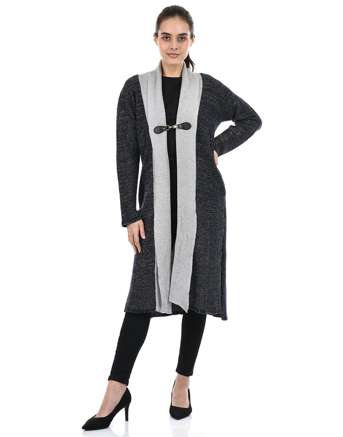 american eyeWomen Colorblock Acrylic Regular Fit Navy Blue Long Coat