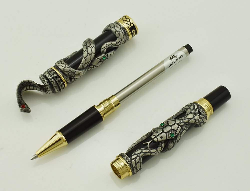 Jinhao Snake Tintenroller – Silberfarben Mit 3D-Schlangenprägung & Kristall-Augen, Inkl. Stifttasche