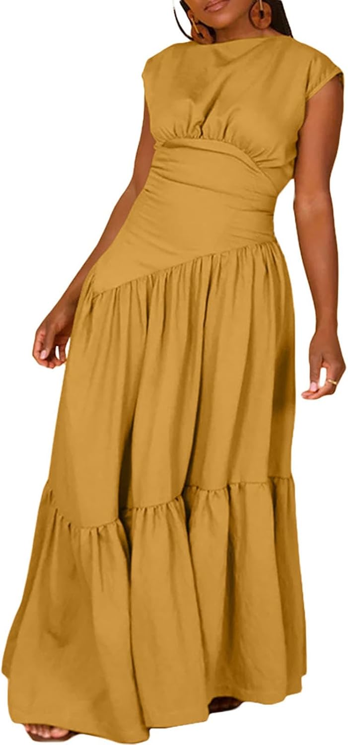 Women's Summer Sleeveless Loose Flowy Maxi Dress Crew Neck High Waist Casual Long Dress Zipper Swing Sundress