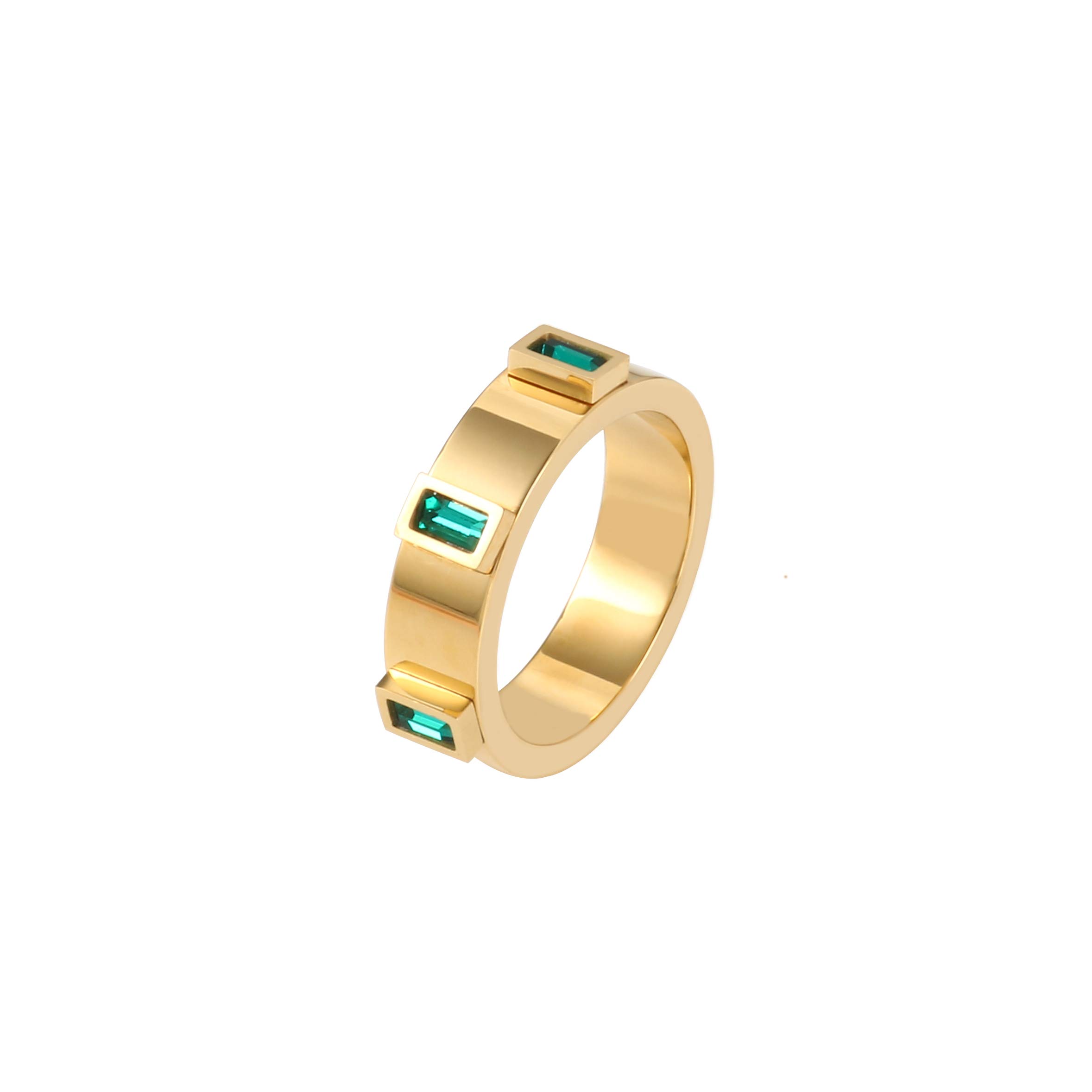 JINHUI Green Emerald Ring for Women, 18k Gold Plated Emerald Cut Engagement Ring Band, Dainty May Birthstone Ring Jewelry (Size 7#/8#/9#)