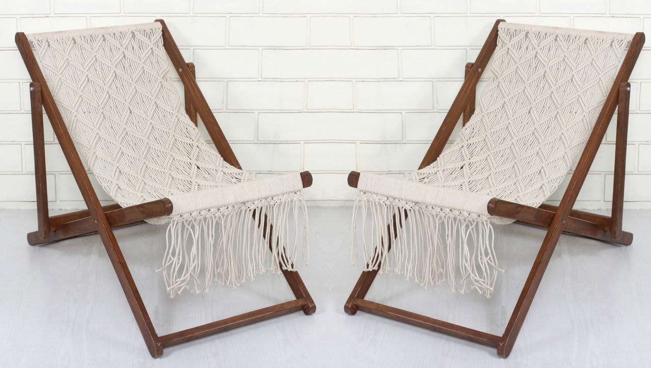 ShadowKart Macrame Floding Chair|Ottoman Stool for Living Realxing Chair |Pouffes for Sitting Jhula Chair|Garden Chair Wooden|Lounge Chair, 23x50 Inch Height, Pack of 2, White (B0DCGNBL4L) Amazon Price History, Amazon Price Tracker