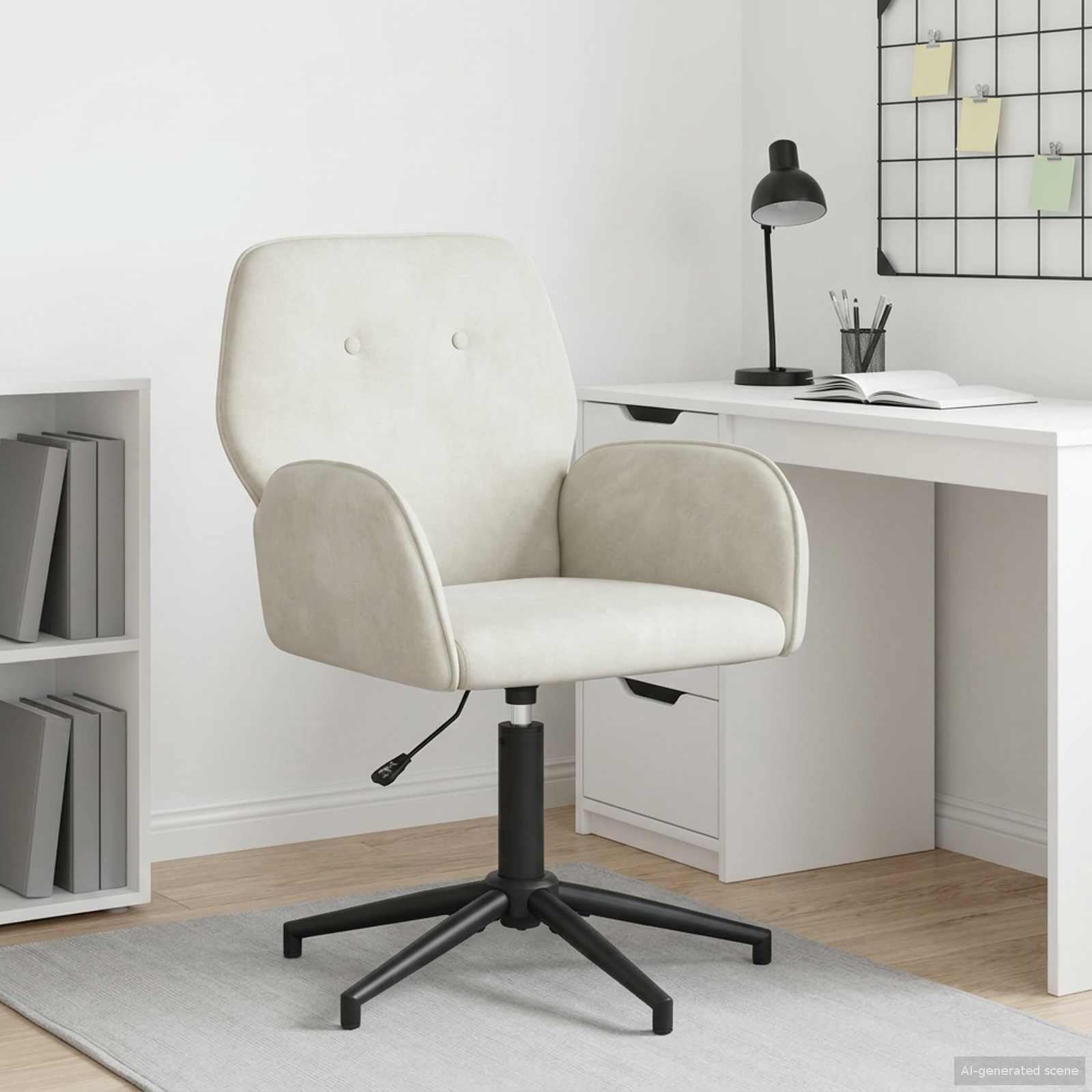 Krzesło obrotowe z aksamitu kremowego z metalową ramą, 54 x 55 x 90 cm, regulacja wysokości 78-90 cm, do biura, biura domowego, z funkcją obrotu o 360 stopni i ergonomicznym oparciem