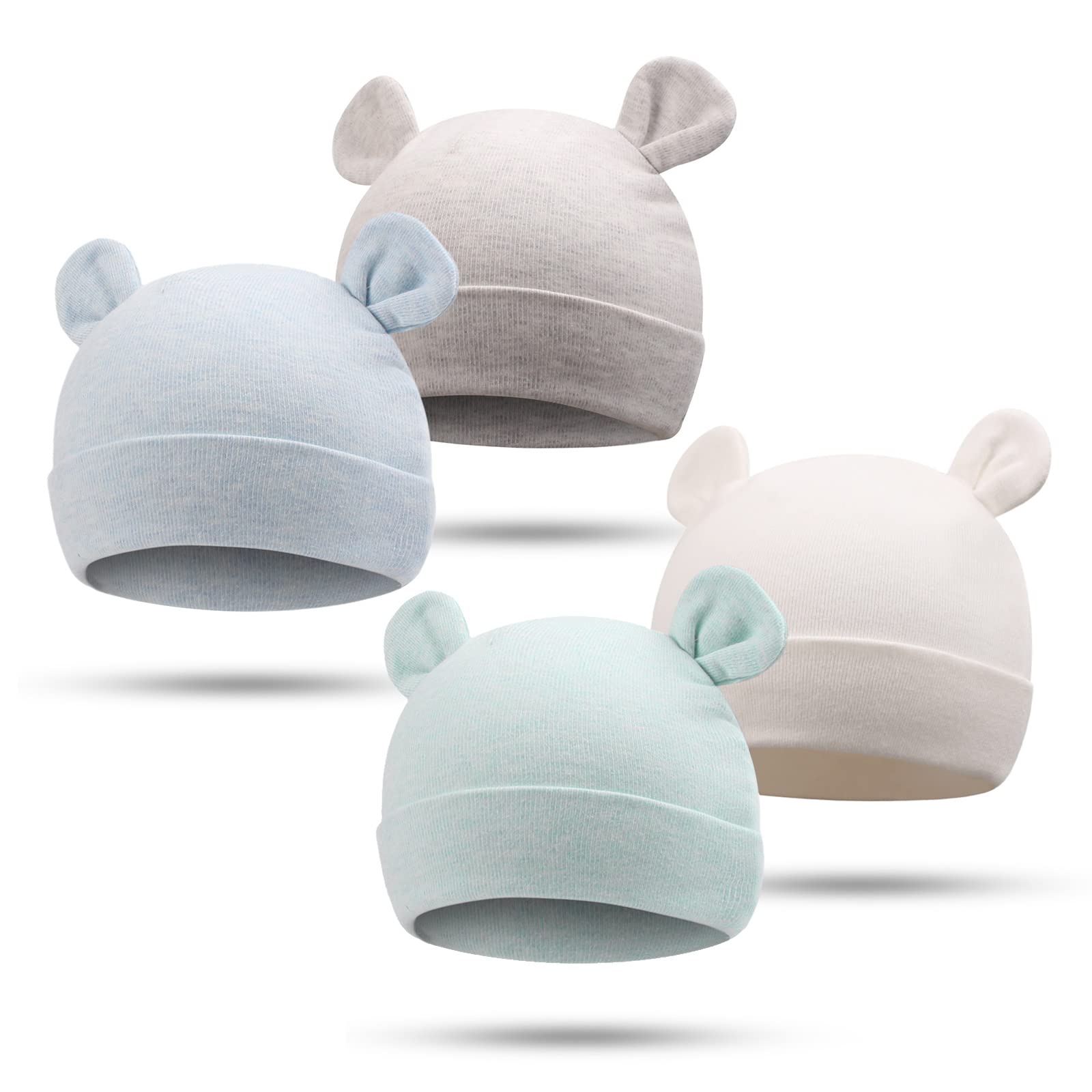 Bamery Newborn Baby Girls Hospital Hat Thick Cute Bear Ear Cotton Baby Boy Beanie for 0-6Months (White+Blue+Gray+Green,0-6 Months)