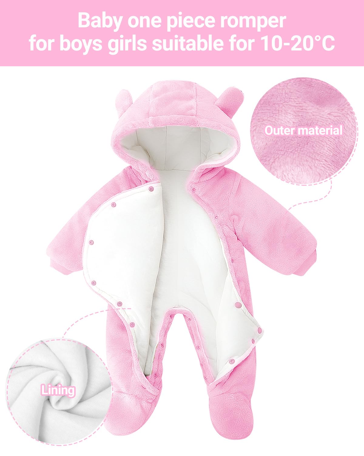Salopette per Neonato Romper Invernale in Flanella Playsuit con Piedini Felpa con Cappuccio Cartoon,Rosa 0-3 Mesi