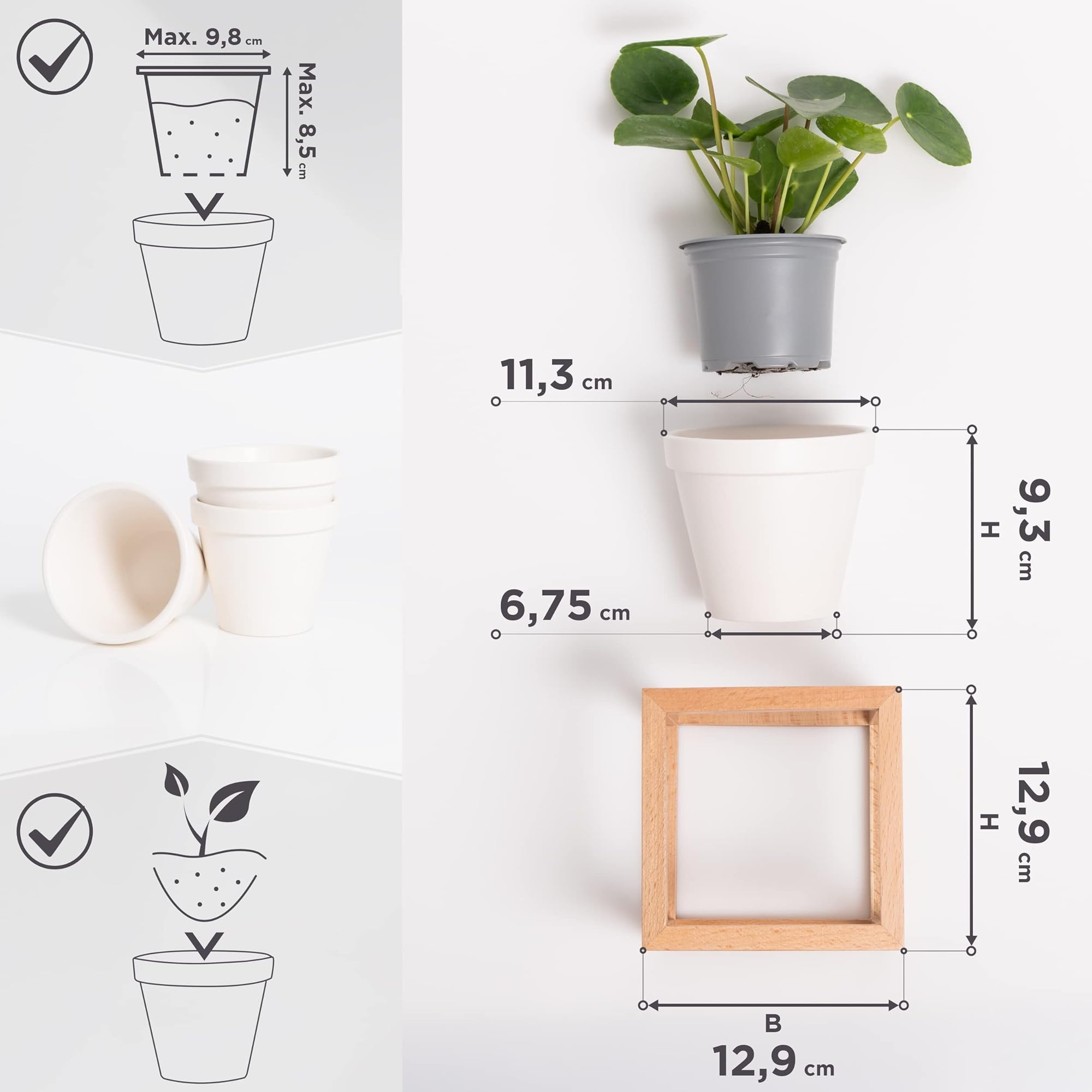 Kazai. Fioriere da Parete -Lille- | Fioriere Sospese con Cornici in Legno Massello | Set Porta Piante in Ceramica e Legno per Pareti, Tavoli e altro | Marrone Naturale