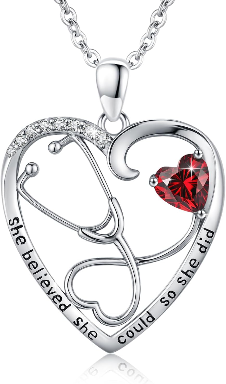 Christmas Gift for Doctor Nurse RN, She Believed She Could Stethoscope Heart Necklace for Women, 925 Sterling Silver Medical Nurse Pendant with Inspirational Quote Gemstone