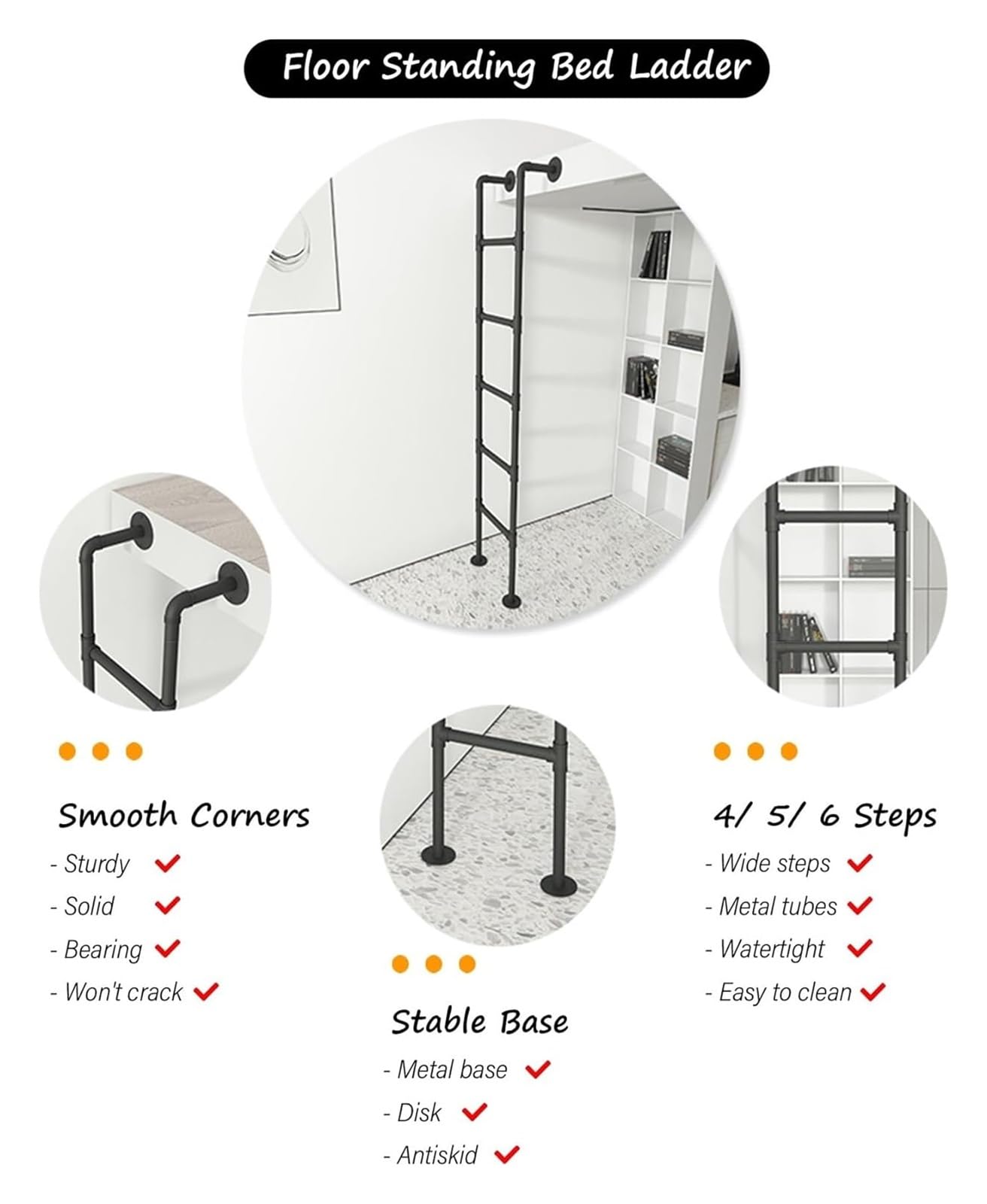 Escalera para literas, Escalera para Cama, para Casas, Balcones, Taburete para Subir escaleras para Adultos con Almohadillas para peldaños, de pie (Color: Negro, tamaño: 1,8 m/5,9 pies/70,9