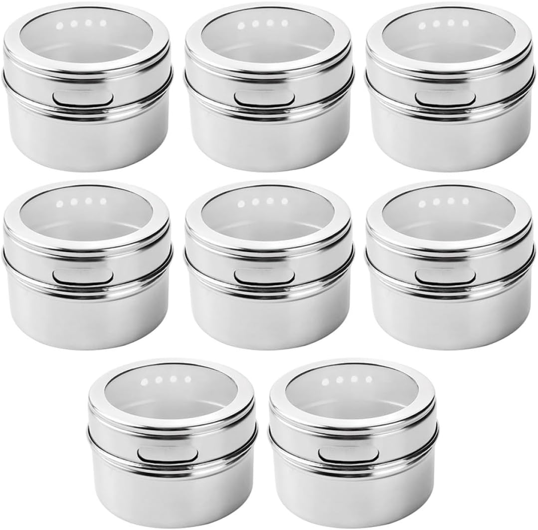 MAGICLULU 8pcs Stainless Steel Magnetic Spice Jars Set with Removable Lids and Labels, Magnetic Spice Organizer Canisters for Kitchen Storage and Seasoning