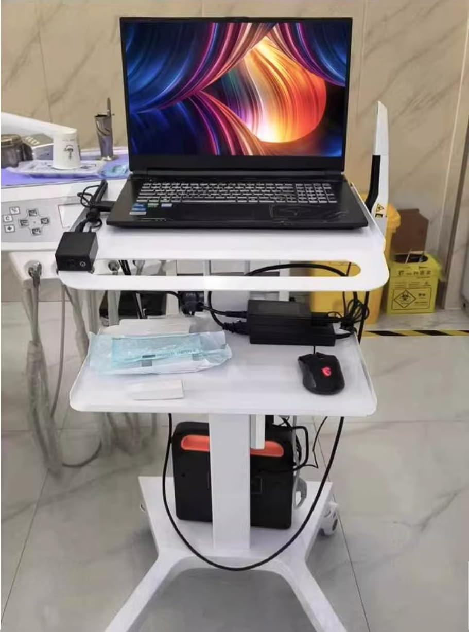 Carrello per postazione di lavoro per laptop medico con ruote, carrello da laboratorio regolabile in altezza con supporto per scanner, robusta scrivania per computer portatile per cliniche dentali