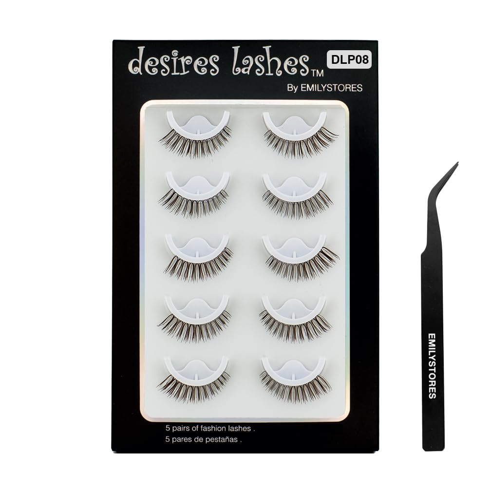 Brown Lashes Pre-Glued Self Adhesive Eyelashes, Natural Press on Lashes Reusable, With Tweezer Applicator 5 Pairs (DLP08)