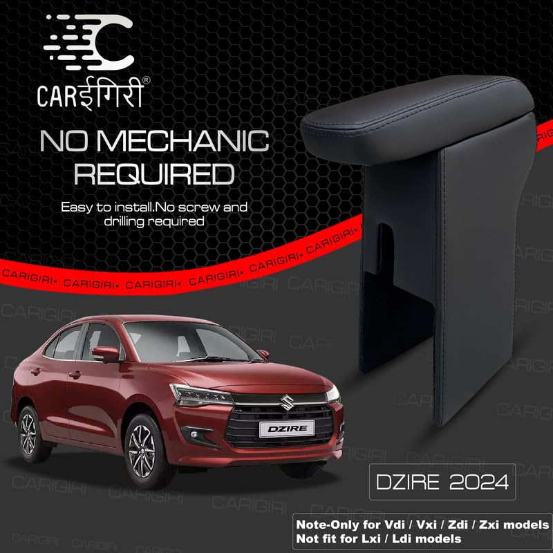 Image of Carigiri Premium Finish Car Armrest with Storage Box And High Density Moulded Foam For Maruti Suzuki Dzire (Models-2024,2025)(ONLY FOR VXI,VDI /ZXI,ZDI /ZXI+ MODELS) (Black Seam,Nappa Leatherette)