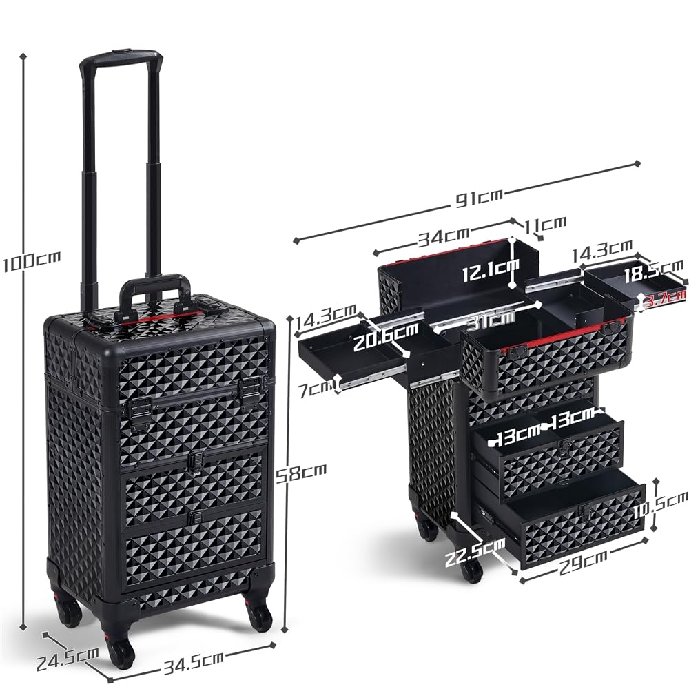 Yaheetech Maletín de Maquillaje Profesional con Cajones Maletín de Cosméticos con Ruedas Giratorio de Viaje para Esteticista 34.5 × 24.5 × 58 cm Negro