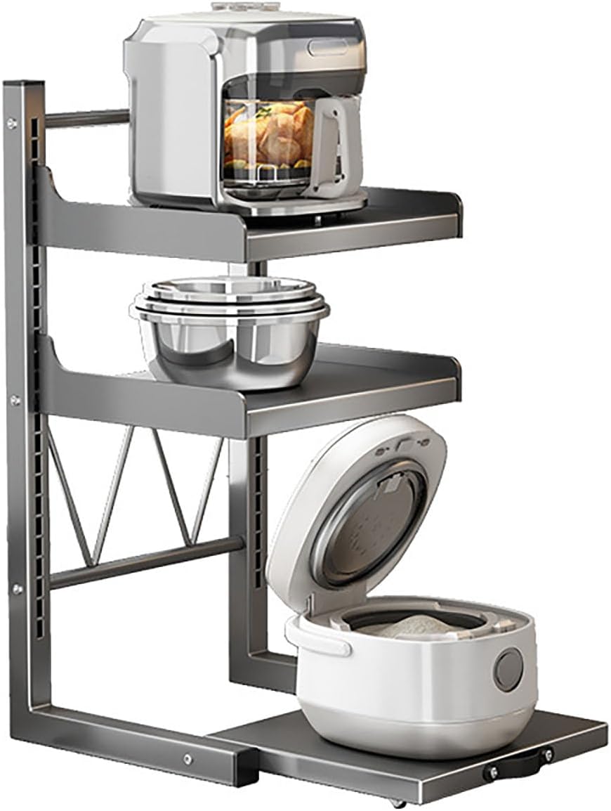 Adjustable 3-Tier Micro Oven Rack Extendable Kitchen Storage Shelf with Pull-Out Design Ideal for Rice Cooker Air Fryer Toaster & Coffee Maker