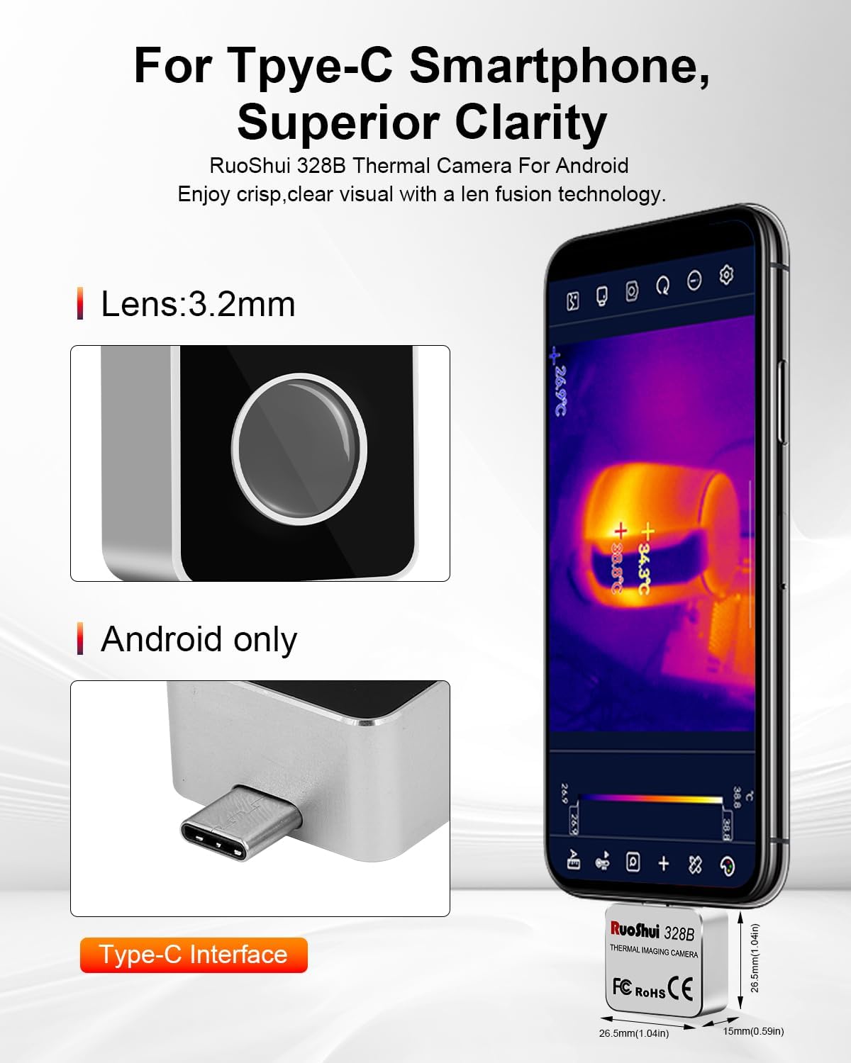 RuoShui 328B Thermal Imaging Camera with its Type-C interface and dimensions, next to an Android phone displaying a thermal image.