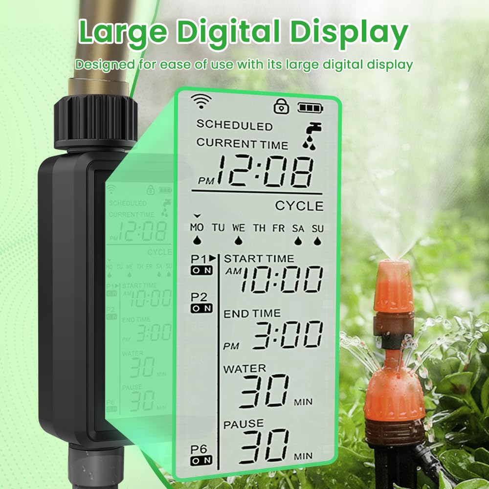 MIUCDA Programador Riego Inteligente WiFi, Pantalla LCD Grande, para Grifo 1/2" y 3/4", Riego automático programado, Ordenador de riego Compatible con Alexa y Google Home, Control por Voz y App