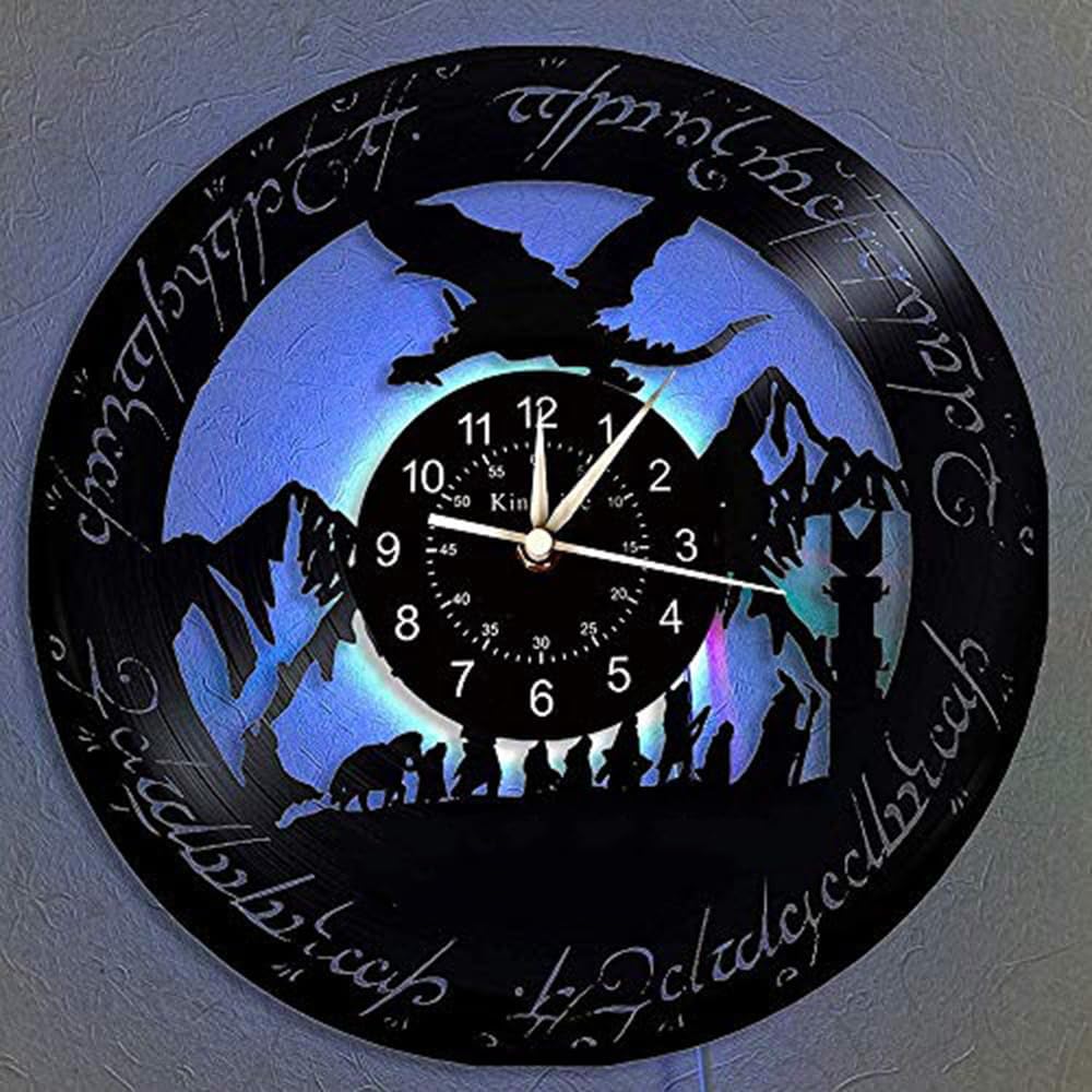 Herr der Ringe Musik Band Vinyl Wanduhr, LED 7 Farben Nachtlampe Retro Wanduhr, Wohnzimmer, Küche, einzigartige Geschenke, handgefertigte Heim-Wanddekoration (mit Licht/Hook+Gift Bag)