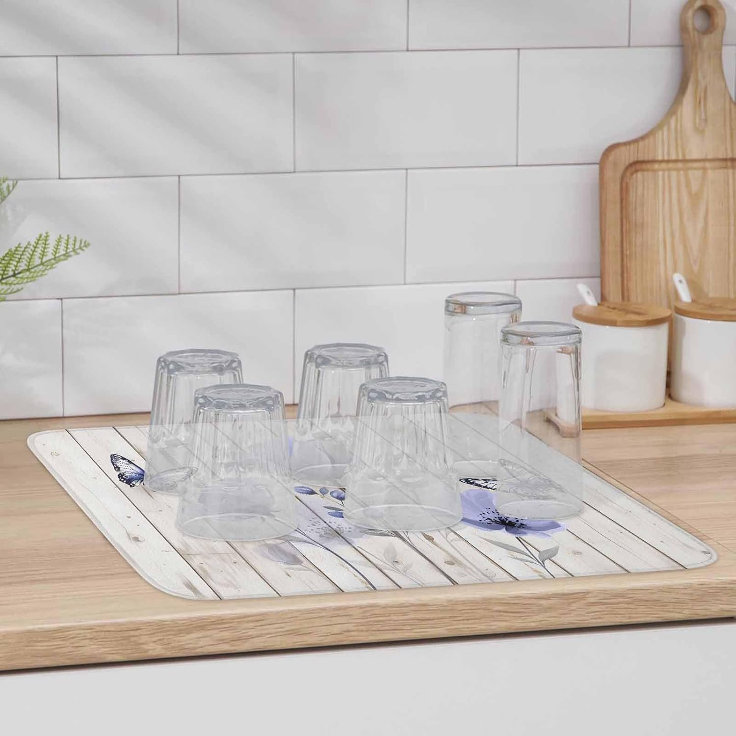 Dish Drying Mat Set of 2 Flower Microfiber Absorbent Reusable Washable Dish Drying Rack Mat Farmhouse Purple Floral Butterfly Coffee Mat for Coffee Maker Bar Kitchen Countertops 16x18inch