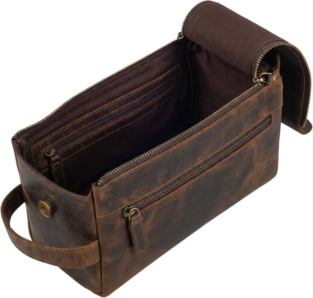warreplica Neceser de viaje de piel auténtica de alta calidad, kit de dopp resistente al agua y organizador de afeitado para hombres y mujeres, marrón burdeos, Neceser de viaje