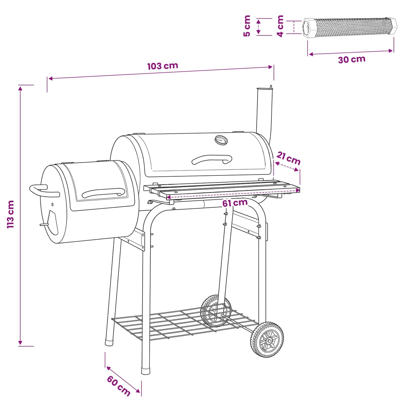Outdoor Grill 103 x 60 x 113 cm Stahl Schwarz | Wetterfester Stahl, Edelstahl, verchromte Kochgitter, Kohlegrill mit Thermometer, Rauchabzug