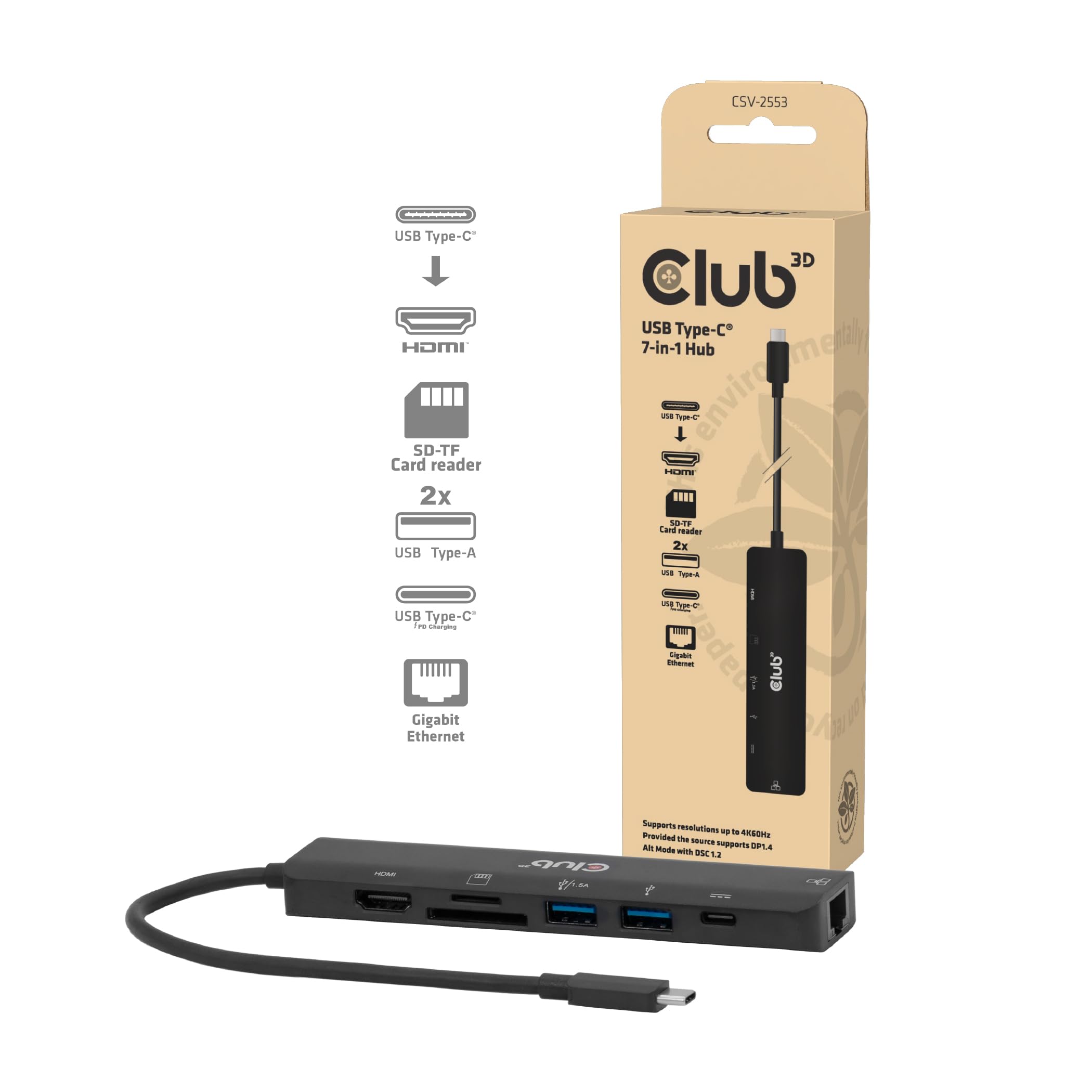 Club3D CSV-2553 Hub USB C® 7 en 1 => HDMI™4K60Hz/SD-TF, 2X USB A/USB C PD/RJ45