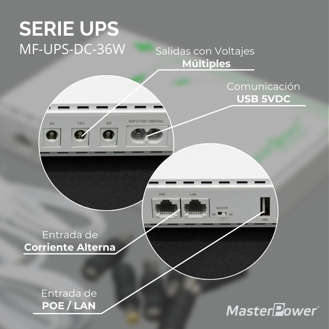 Master U-Power, SAI Mini UPS de Respaldo, 4000mAh 36W, para WiFi, Router, Módem, Cámara de Vigilancia, con Entrada AC y Salida USB 5V 2A - 5V 3A, 9V 2A, 12V 1,5A DC - PoE 15V 1A, 24V 1A