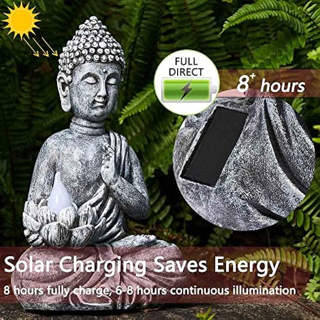 Solar Buddha Statue - Outdoor Zen Sculpture With Flickering LED Lotus Light - Waterproof Garden Decor Gift - 11.81 Inch