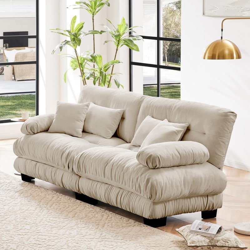 2 Seater Cloud Couch Sofa for Living Room, Soft Chenille Loveseat Sofa with 2 Lumbar Pillows and 2 Throw Pillows, Deep Seat Couch for Small Space, Chenille Light Coffee