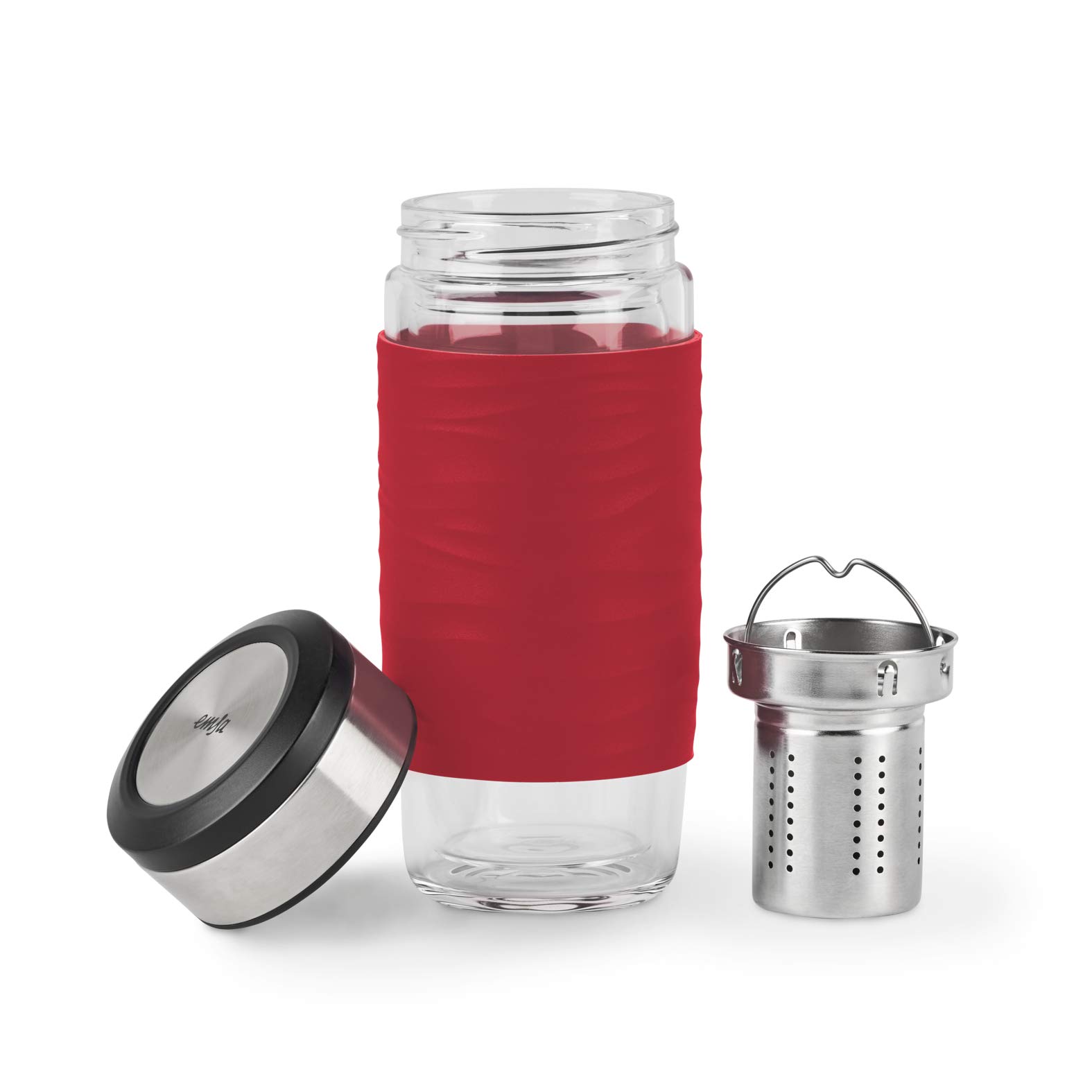 EMSA Tea Mug verre Rouge 0,4 L, Verre double paroi haute qualité, Manchon silicone, Infusion parfaite du thé, Filtre 2-en-1, 100 % étanche, 100 % sûr N2080400