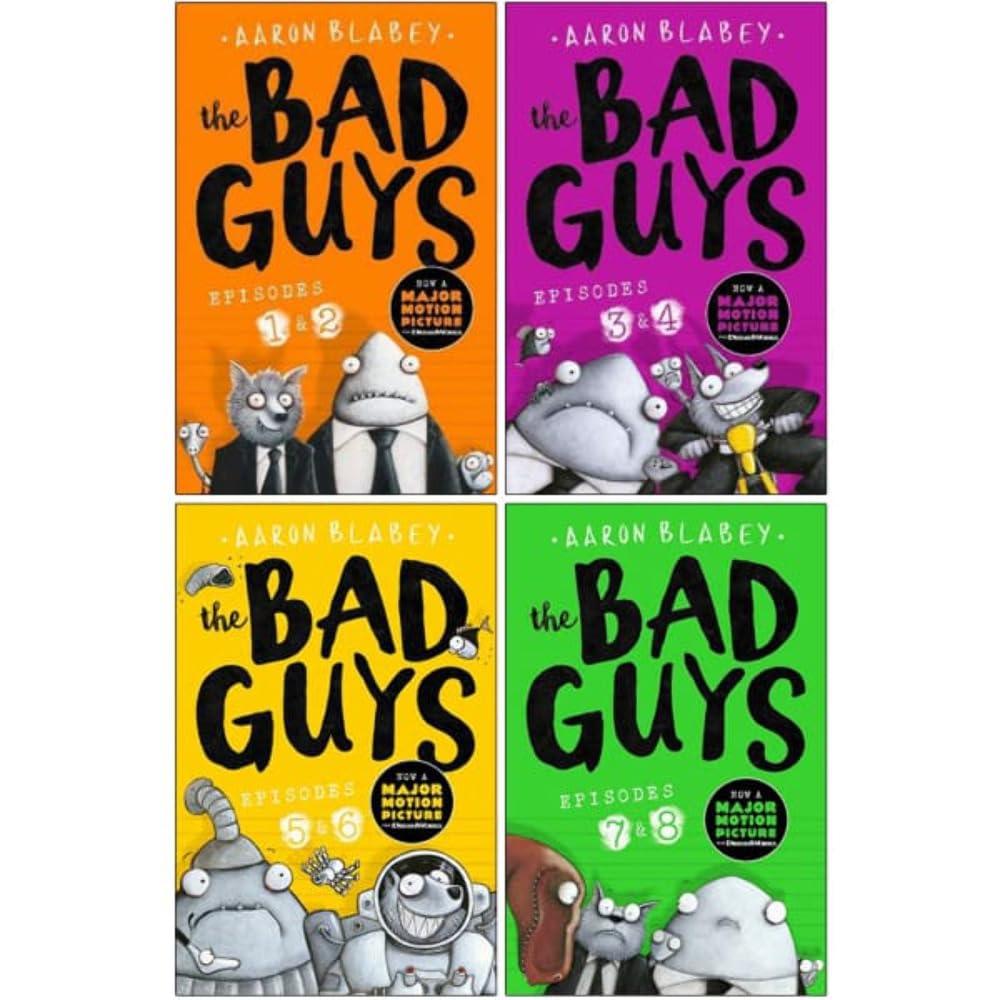 The Bad Guys Episodes 1-8 Collection 4 Books Set by Aaron Blabey (Bad Guys/Mission Unpluckable, Furball Strikes Back/Attack of the Zittens, Intergalactic Gas/Alien, Do-You-Think-He-Saur-Us/Superbad)