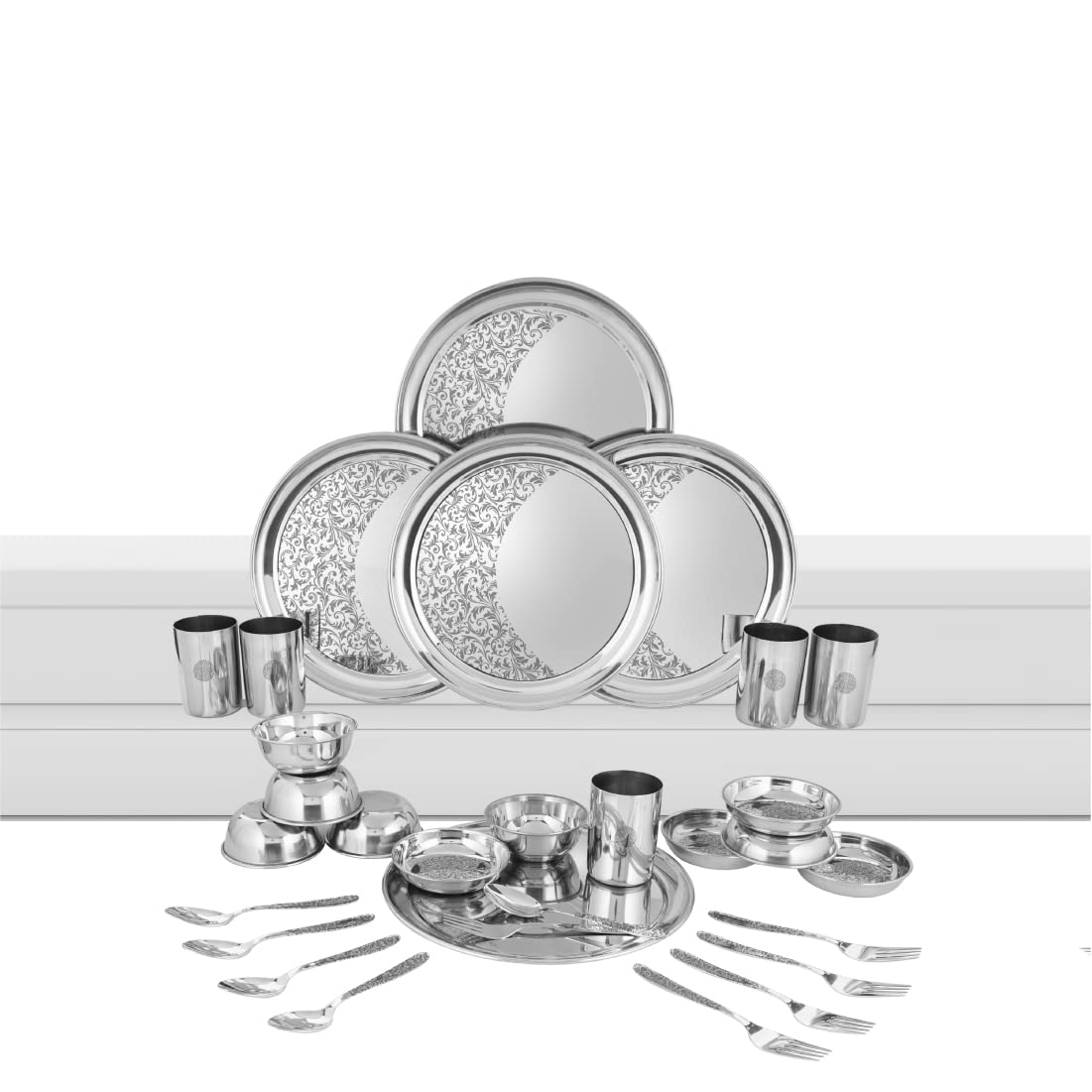 Shri & Sam Solid Stainless Steel Shagun Laser Bloom Dinner Set, 30 Pieces (B0BSCBMPW1) Amazon Price History, Amazon Price Tracker